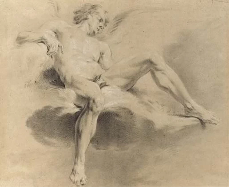 Un angelo sdraiato, rivolto verso destra